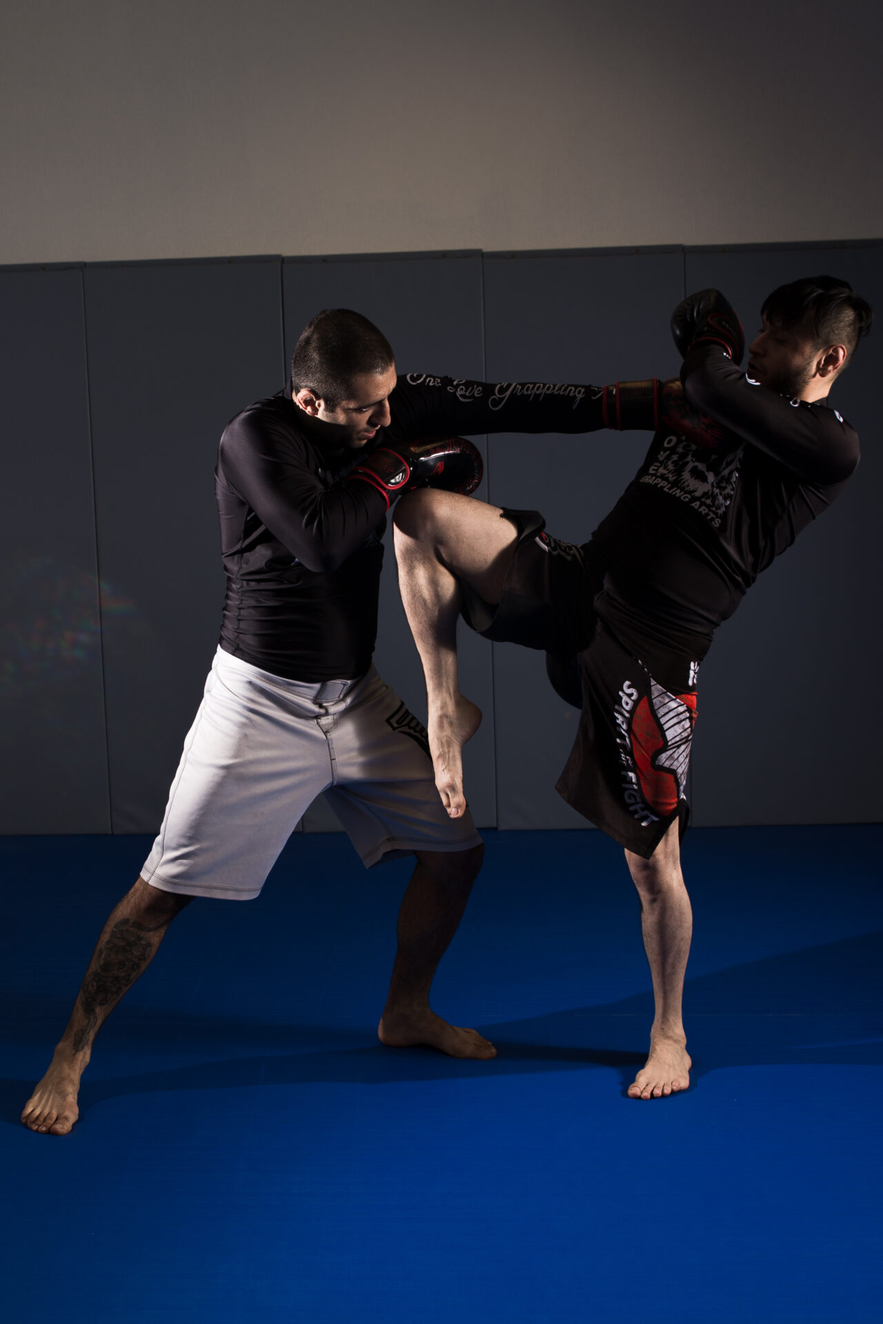 Two men are practicing martial arts in a gym.